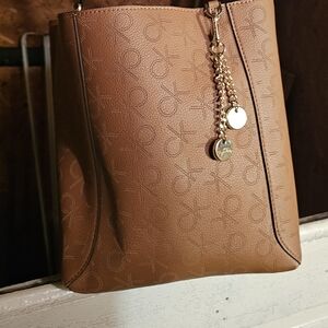 Calvin Klein Tan Embossed Monogram Tote with Gold Charm